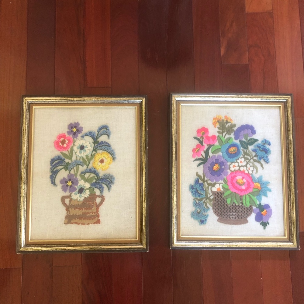Eclectic Vintage Hand Stitched Floral Wall Decor
